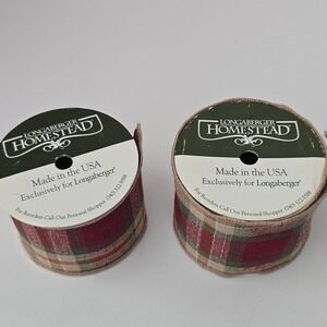 Longaberger Homestead Plaid Fabric Ribbon 2 Spools Burgundy Tan Green Wired Edge